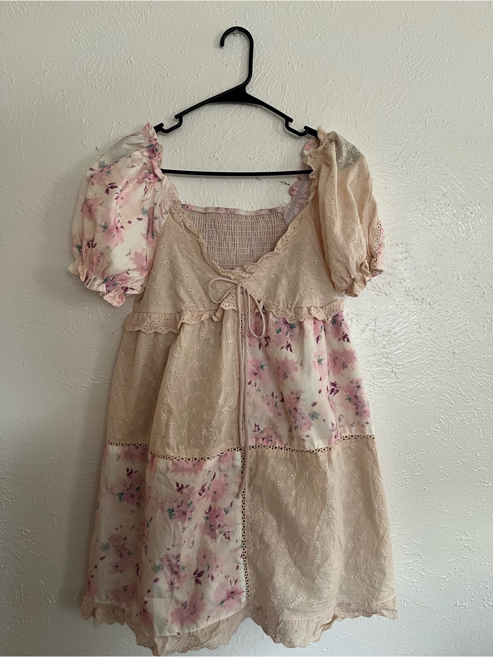 Altar'd State Aderny Patchwork Floral Mini Dress Pink Cream Eyelet Lace Size M